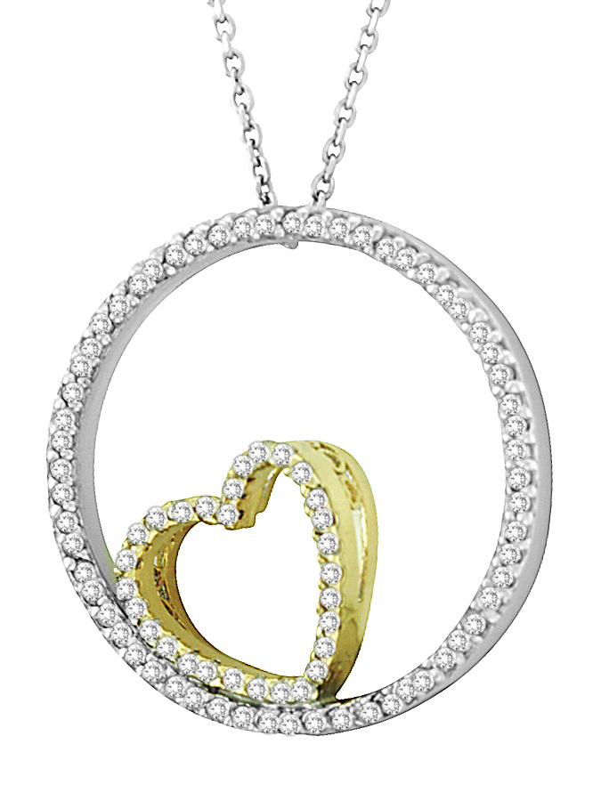 14K GOLD DIAMOND 2-TONE CIRCLE-HEART NECKLACE