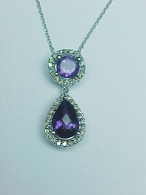 14K GOLD DUAL ROUND/PEAR-SHAPED AMETHYST & DIAMOND NECKLACE