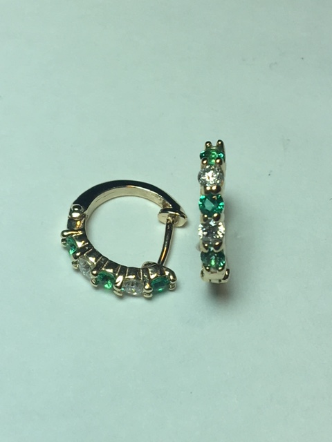 14K GOLD DIAMOND AND EMERALD ROUND HUGGY EARRINGS