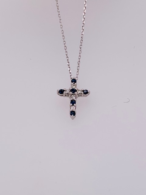 14K GOLD SAPPHIRE AND DIAMOND CROSS NECKLACE