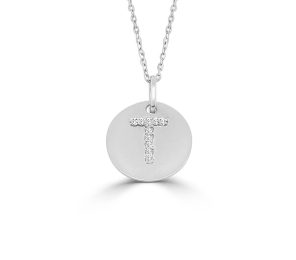 14K GOLD DIAMOND INITIAL 'T' DISC NECKLACE